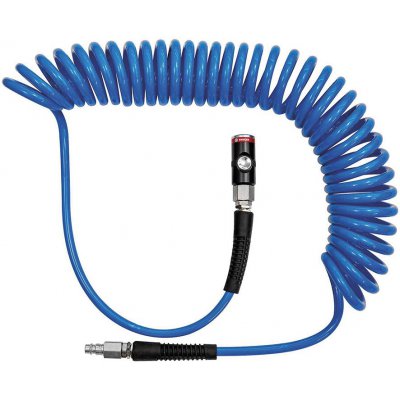 Spirálová hadice PU modrá, bezpečnostní spojka a zástrčka průměr 7,4 12x8 mm 10 m RIEGLER
